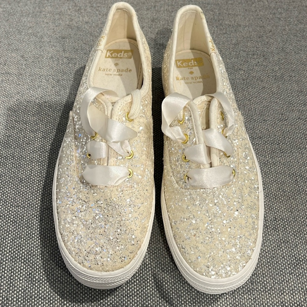 Keds x Kate Spade sparkly white platform sneakers. Size 7.